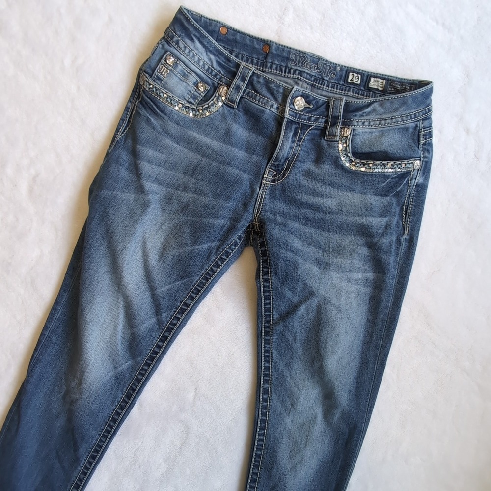 Miss Me Signature Cuffed Skinny Jeans Womens 29 Blue Embellished Low Rise Y2K